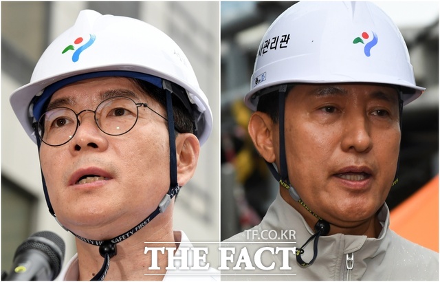 정원오 더불어민주당 서울시장 후보(왼쪽)와 오세훈 국민의힘 서울시장 후보가 대전 한화에어로스페이스 공장 폭발 사고에 따라 선거운동 일정을 조정했다. /서예원 기자