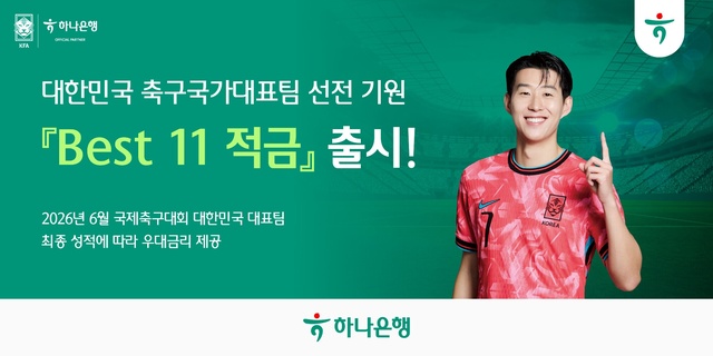 하나은행은 오는 6월 개최되는 국제 축구대회에 참가하는 대한민국 축구국가대표팀의 선전을 기원하며, 대표팀 성적에 따라 최고 연 11.0% 금리를 제공하는 'BEST 11 적금'을 출시했다. /하나은행