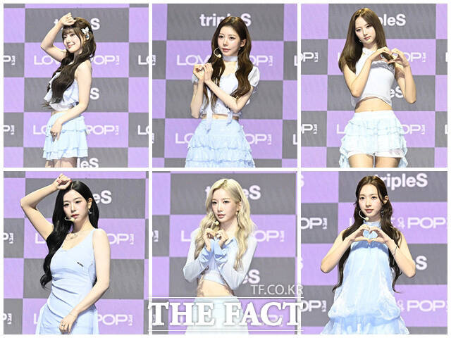 그룹 트리플에스(tripleS)의 윤서연과 정혜린, 이지우, 김수민, 김유연, 김채연(왼쪽 위부터 시계 방향)이 1일 오후 서울 용산구 블루스퀘어 우리WON뱅킹홀에서 열린 'ASSEMBLE26 LOVE & POP Pt.1 LOVE(어셈블26 러브 앤드 팝 파트.1 러브)' 쇼케이스에서 포즈를 취하고 있다. /송호영 기자