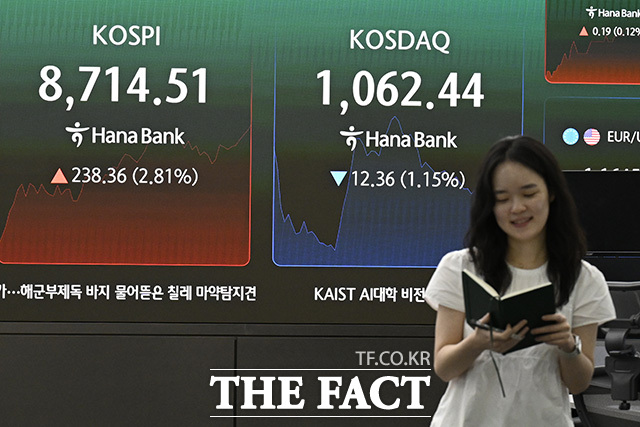 딜링룸 전광판에 코스피와 코스닥이 표시돼 있다.