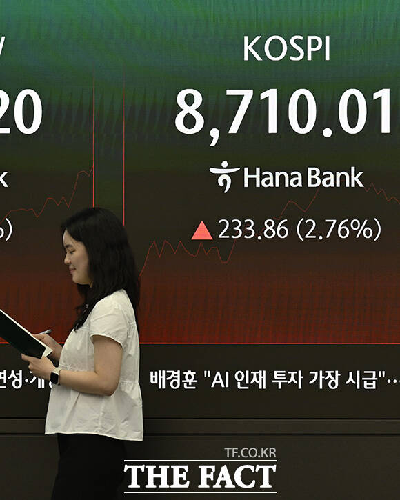 딜링룸 전광판에 코스피와 코스닥이 표시돼 있다.