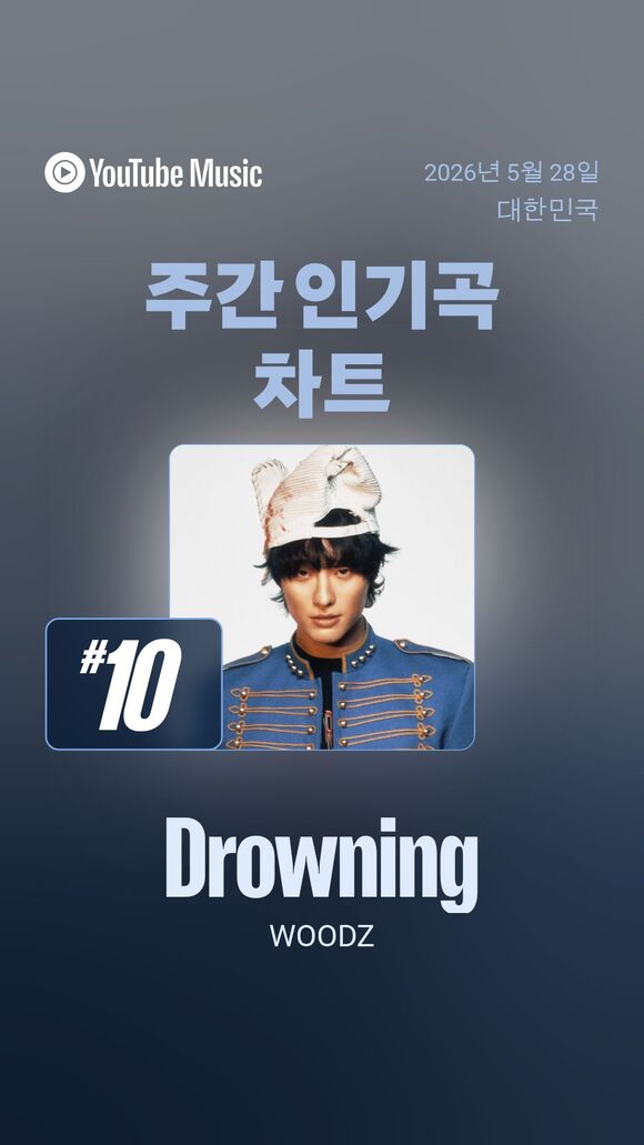 국내는 물론 글로벌 음악 플랫폼에서 역주행으로 차트 상위권에 오르는 사례가 점차 늘고 있다. 사진은 유튜브 뮤직 주간 순위 10위에 오른 우즈의 'Drowning'이다./유튜브뮤직