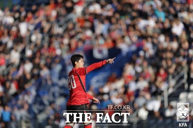 이동경이 월드컵 본선을 앞두고 지난달 31일 열린 트리니다드토바고전에서 후반 조규성의 헤더골을 어시스트한 뒤 포즈를 취하고 있다./프로보(미 유타주)=KFA