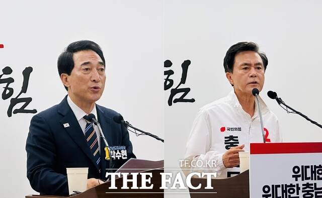 6·3 지방선거 본투표를 하루 앞둔 2일 충남도청 프레스센터에서 박수현 더불어민주당 충남도지사 후보(왼쪽)와 김태흠 국민의힘 충남도지사 후보가 각각 기자회견을 열고 지지를 호소하고 있다. /노경완 기자