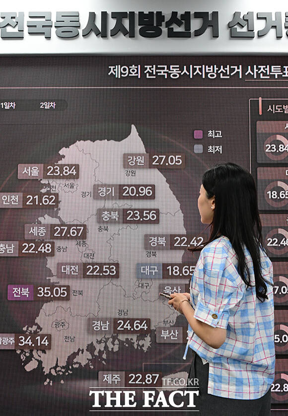 제9회 전국동시지방선거 본투표를 하루 앞둔 2일 오전 경기 과천시 중앙동 중앙선거관리위원회 입구 모니터에 선거 'D-1'이 표시돼있다. /과천=임영무 기자