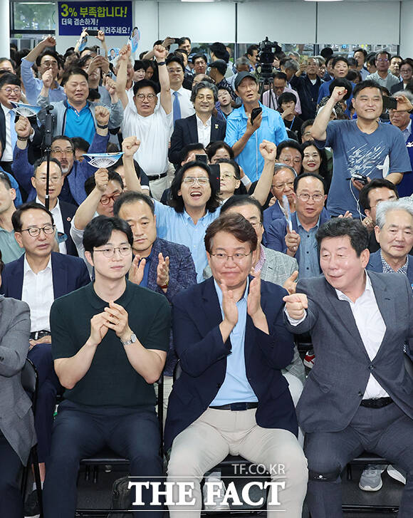 출구조사 결과에 환호하는 전재수 캠프.