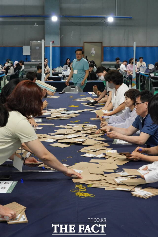 3일 오후 전북 전주시 덕진구 덕진체련공원 실내배드민턴장에 마련된 제9회 전국동시지방선거 개표소에서 개표사무원들이 개표를 시작하고 있다. /전주=김수홍 기자