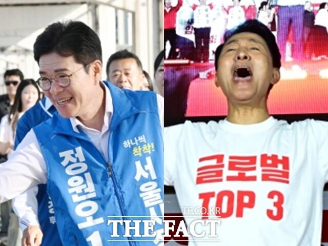 제9회 전국동시지방선거 서울시장 선거에 출마한 (왼쪽부터) 정원오 더불어민주당 후보, 오세훈 국민의힘 후보. /남용희·배정한 기자