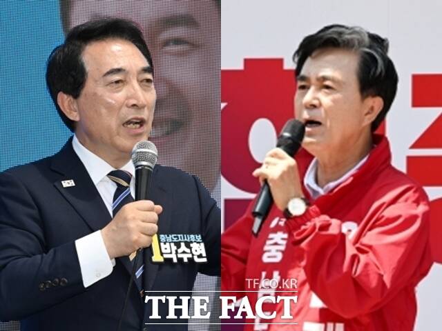 제9회 전국동시지방선거 충남지사 선거에 출마한 (왼쪽부터) 박수현 더불어민주당 후보, 김태흠 국민의힘 후보. /김성렬·남용희 기자