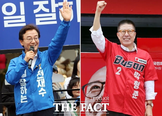 제9회 전국동시지방선거 부산시장 선거에 출마한 (왼쪽부터) 전재수 더불어민주당 후보, 박형준 국민의힘 후보. /뉴시스