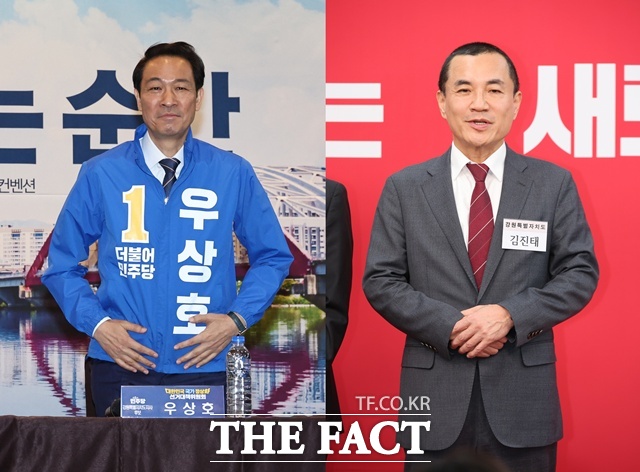 제9회 전국동시지방선거 강원지사 선거에 출마한 (왼쪽부터) 우상호 더불어민주당 후보, 김진태 국민의힘 후보. /뉴시스