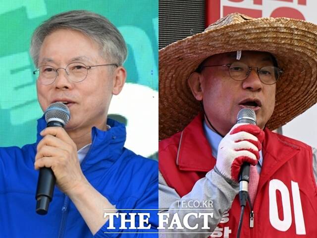제9회 전국동시지방선거 전남광주통합특별시장 선거에 출마한 (왼쪽부터) 민형배 더불어민주당 후보, 이정현 국민의힘 후보. /임영무 기자