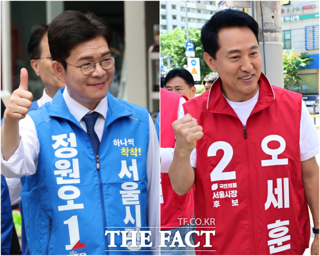 오늘 지방선거에서 올 7월부터 4년 간 서울시를 이끌 수장이 가려진다. 사진은 왼쪽부터 정원오 더불어민주당 후보와 오세훈 국민의힘 서울시장 후보. /서예원 기자