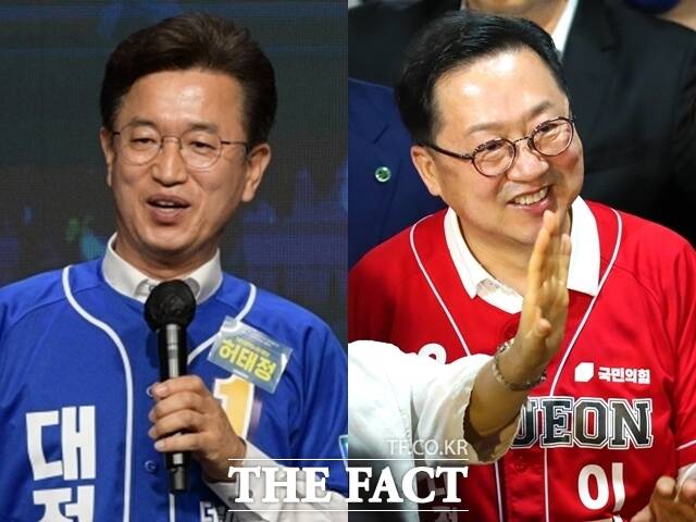 제9회 전국동시지방선거 대전시장 선거에 출마한 (왼쪽부터) 허태정 더불어민주당 후보, 이장우 국민의힘 후보. /남윤호 기자·뉴시스