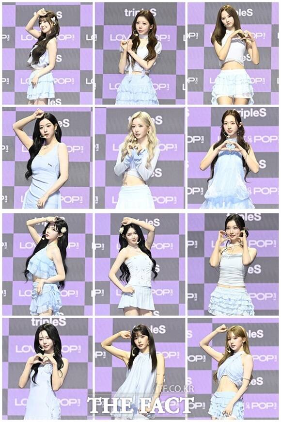 그룹 트리플에스의 'ASSEMBLE26 LOVE & POP pt.1'은 2026년에 발표된 걸그룹 음반을 통틀어 여섯 번째로 많은 판매량을 기록 중이다. 사진은 트리플에스 윤서연 정혜린 이지우 김수민 카에데 곽연지 코토네 서다현 김나경 김채연 김유연 공유빈(왼쪽 위부터 시계방향)이 1일 서울 용산구 블루스퀘어 우리WON뱅킹홀에서 열린 'ASSEMBLE26 LOVE & POP Pt.1 LOVE' 쇼케이스에 참석해 포즈를 취하고 있는 모습이다./송호영 기자