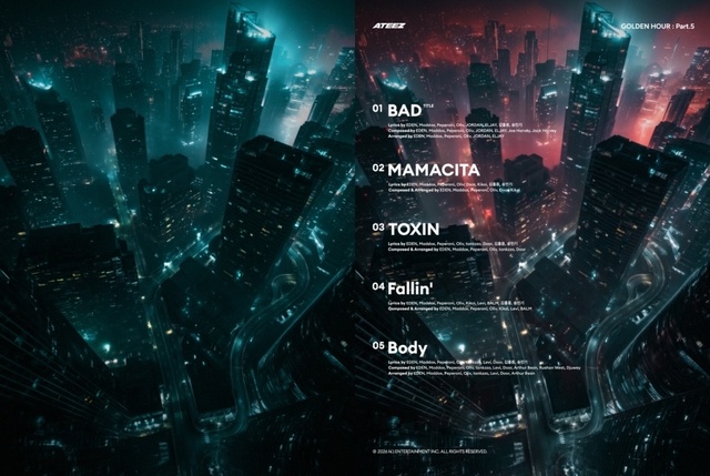 멤버 홍중과 민기는 타이틀곡 'BAD'를 포함해 전곡 작사에 참여했다. 사진은 트랙리스트 포스터. /KQ엔터