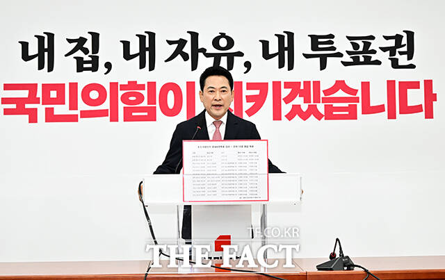 장동혁 국민의힘 대표가 9일 오전 서울 여의도 국회에서 열린 기자회견에 참석해 발언을 하고 있다. /국회=배정한 기자