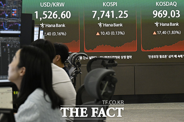 하나은행 딜링룸 전광판에 코스피가 표시돼 있다.