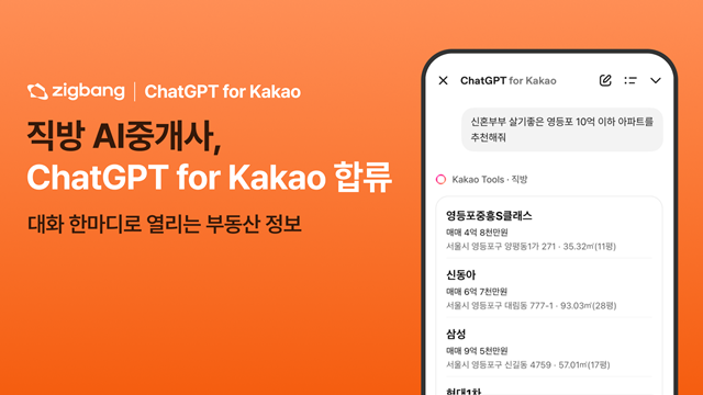 직방이 자체 AI중개사를 MCP(Model Context Protocol) 기반으로 외부 AI 에이전트 생태계에 개방하고, 그 첫 적용 사례로 카카오톡 내 ChatGPT for 카카오에 부동산 서비스를 제공한다고 12일 밝혔다 /직방