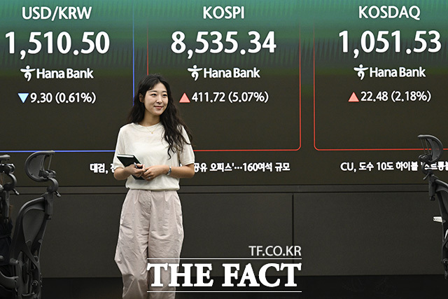 미국과 이란의 종전 협상 타결 소식이 전해진 15일 오전 서울 중구 하나은행 본점 딜링룸 전광판에 원·달러 환율과 코스피, 코스닥이 표시돼 있다. /송호영 기자 