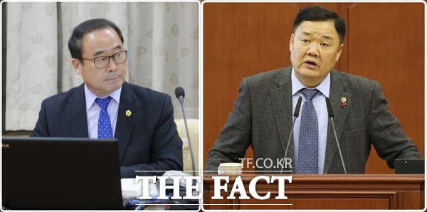 더불어민주당 대전시의회 의원 당선자들이 16일 제10대 대전시의회를 이끌어갈 의장으로 전반기에는 조성칠(중구1, 사진 왼쪽), 후반기에는 구본환(유성4, 오른쪽) 당선자를 합의 추대했다. /선치영 기자
