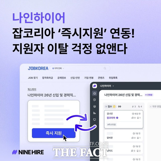 나인하이어가 잡코리아 '즉시지원' 접수 지원자 정보를 실시간으로 자동 등록·연동하는 기능을 출시하며 채용 관리 효율화에 나섰다. /잡코리아