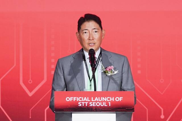 조현준 효성그룹 회장이 지난 16일 서울 금천구 가산동에서 열린 'STT Seoul 1' 개관식에서 축사를 하고 있다. /효성그룹