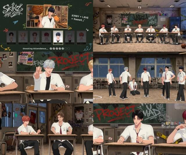 스킨즈가 지난 17일 저녁 8시 공식 유튜브 채널을 통해 새로운 라이브 콘텐츠 'SKINZ HIGH SCHOOL(스킨즈 하이 스쿨)' 첫 방송을 진행했다. 멤버들은 쉴 틈 없는 케미로 색다른 재미를 선사했다. /영상 캡처