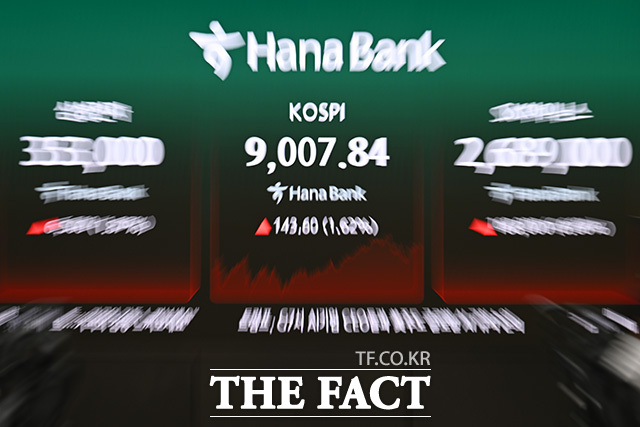 코스피가 장중 사상 처음으로 9000을 돌파한 18일 오후 서울 중구 하나은행 본점 딜링룸 전광판에 코스피가 표시되고 있다. /남용희 기자