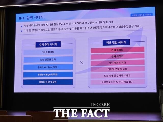 대한항공이 주주간담회에서 공개한 통합 이후 예상 합병 시너지 요소들. /송다영 기자