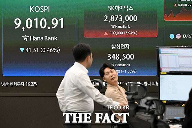 SK하이닉스가 삼성전자를 제치고 코스피 시가총액 1위 기업으로 올라선 22일 오후 서울 중구 하나은행 본점 딜링룸에 지수가 표시되고 있다. /서예원 기자