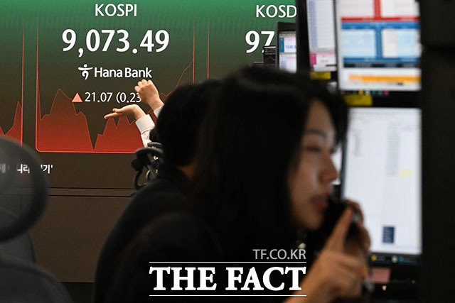 약세로 장을 시작한 코스피가 장초반 강세로 전환한 22일 오전 서울 중구 하나은행 본점 딜링룸 전광판에 코스피가 표시되고 있다. /서예원 기자
