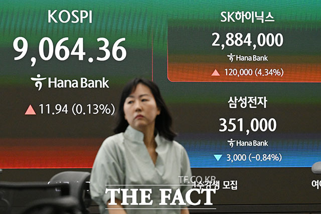 SK하이닉스가 삼성전자를 제치고 코스피 시가총액 1위 기업으로 올라선 22일 오후 서울 중구 하나은행 본점 딜링룸에 지수가 표시되고 있다. /서예원 기자