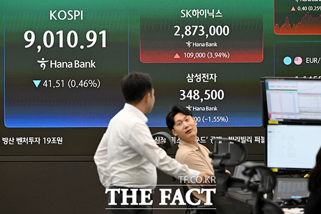 SK하이닉스가 삼성전자를 제치고 코스피 시가총액 1위 기업으로 올라선 22일 오후 서울 중구 하나은행 본점 딜링룸에 지수가 표시되고 있다. /서예원 기자