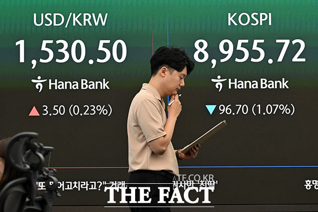 도널드 트럼프 미국 대통령이 이란을 향해 추가 군사행동을 경고하면서 미·이란 평화 협상에 대한 우려가 커진 가운데 22일 오전 서울 중구 하나은행 본점 딜링룸 전광판에 코스피가 표시되고 있다. /서예원 기자