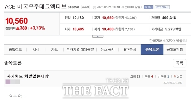 24일 금융투자업계에 따르면 금감원은 이날 한투운용에 대한 전격적인 현장 검사를 실시한다. 사진은 ACE 미국우주테크액티브 종목토론방에 올라온 투자자의 게시글. /종목토론방 캡처