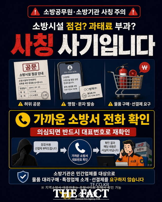 소방청이 제작한 소방공무원·소방기관 사칭 사기 주의 홍보 포스터. 시민들에게 사칭 전화와 불법 영업에 속지 말고 반드시 사실 여부를 확인할 것을 당부하고 있다. /천안동남소방서