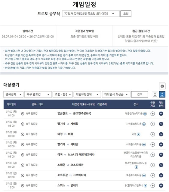 프로토 승부식 77회차, 북중미 월드컵 대상 경기 정보.