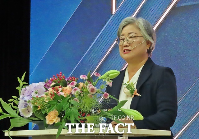 강미애 세종시교유감이 1일 시교육청 대강당에서 취임식을 갖고 취임사를 하고 있다. /김형중 기자