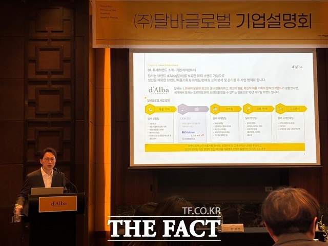 반성연 달바글로벌 대표가 지난해 4월 30일 진행된 IPO 기자간담회에서 기업설명을 하고 있다. /더팩트 DB