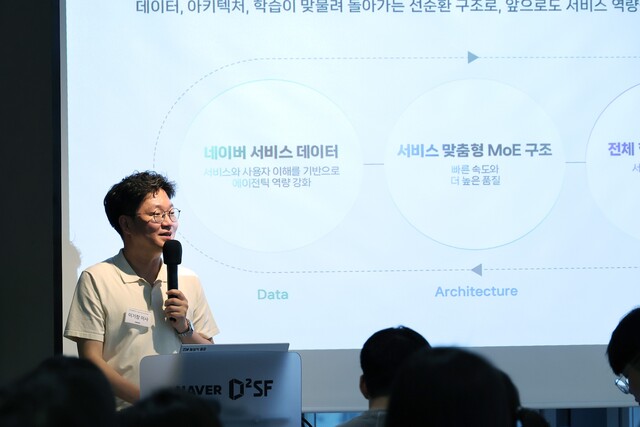 이기창 네이버 클라우드 이사가 지난 2일 서울 강남구 네이버 D2SF 강남에서 '탐색에서 실행까지, 차세대 AI 기술이 만드는 네이버 AI 검색'을 주제로 테크 딥톡 세션에서 발표하고 있다. /네이버