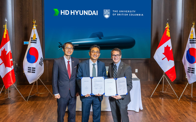 HD현대는 지난 6월 캐나다 밴쿠버에 위치한 UBC 캠퍼스에서 ‘첨단 디지털과 AI 기반 선박 자율 운항 시스템 및 차세대 함정 구조 개발을 위한 MOU’ 협약식을 체결했다. /HD현대