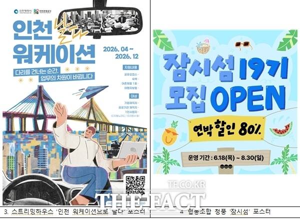 인천관광공사가 인천 체류형 관광상품 8종을 출시했다. 스트리밍하우스 '인천 워케이션으로 날다' 포스터(왼쪽)와 협동조합 청풍 '잠시섬' 포스터. /인천관광공사