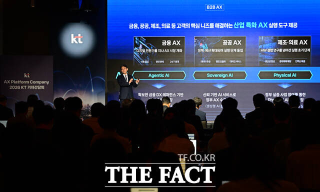 박윤영 KT대표가 6일 서울 광진구 풀만 앰배서더 서울 이스트폴 호텔에서 취임 첫 기자간담회를 열고 'AX 플랫폼 컴퍼니' 도약을 위한 핵심 전략을 발표하고 있다. /이새롬 기자