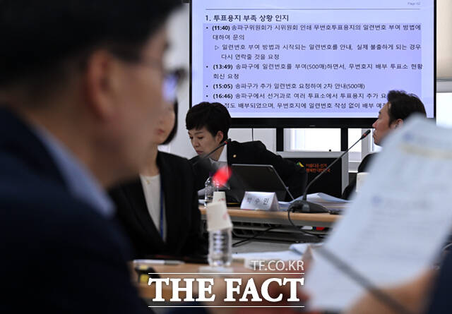 국회 6.3 지방선거 투표용지 부족 사태 국정조사특별위원회(국조특위) 위원장인 윤상현 국민의힘 의원이 7일 서울 종로구 서울시선거관리위원회에서 열린 현장회의 및 전체회의에 참석해 의사봉을 두드리고 있다.
