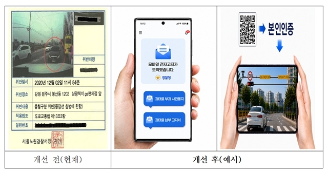 경찰청은 교통 과태료와 범칙금 고지서를 종이 우편 대신 카카오톡으로 발송하는 방안을 추진한다. 고지서에 담긴 정보무늬(QR코드)를 통해 경찰서를 방문하지 않고도 위반 영상을 확인할 수 있다. 경찰청은 관련 전산시스템을 구축해 오는 11월 시범 운영에 들어갈 계획이다. /경찰청