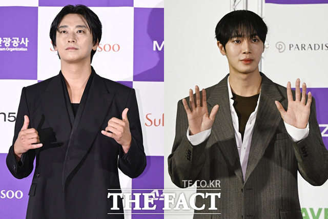 배우 주지훈(왼쪽)과 추영우가 7일 오전 서울 용산구 CGV 용산아이파크몰에서 열린 '제5회 청룡시리즈어위즈 핸드프린팅' 행사에 참석해 포즈를 취하고 있다. /송호영 기자
