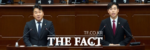대전시 서구의회가 7일 의회 본회의장에서 제10대 서구의회 개원식을 개최했다. 제1차 본회의에서 제10대 전반기 의장에 강정수 의원(왼쪽), 부의장에 설재영 의원을 각각 선출했다. /대전시 서구의회