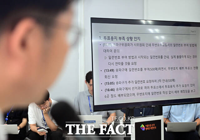 국회 6.3 지방선거 투표용지 부족 사태 국정조사특별위원회(국조특위) 위원장인 윤상현 국민의힘 의원이 7일 서울 종로구 서울시선거관리위원회에서 열린 현장회의 및 전체회의에 참석해 의사봉을 두드리고 있다.