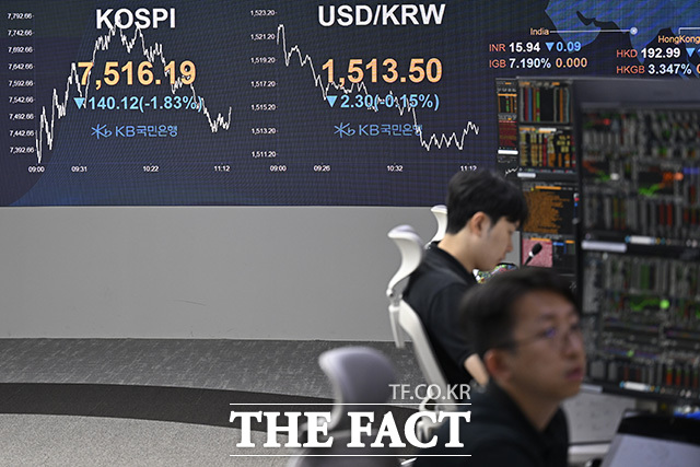 딜링룸 관계자가 모니터를 바라보고 있다.